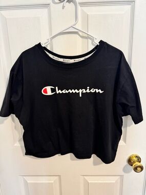 Champion Black Crop Logo Tee with White Script